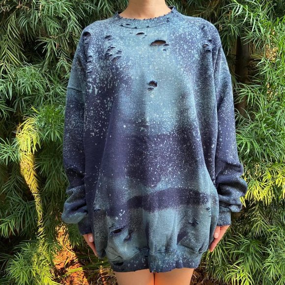 Destroyed Bleached Navy Crewneck Sweatshirt Size XL - Picture 1 of 4